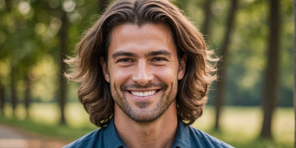 Man with thick, healthy hair smiling outdoors